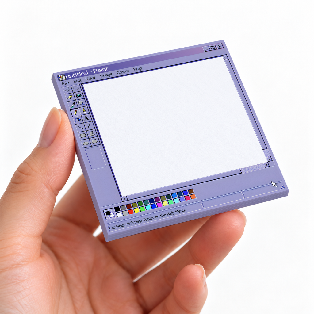 Purple Vintage Computer Paint Window sticky note pad on a desk with stationery