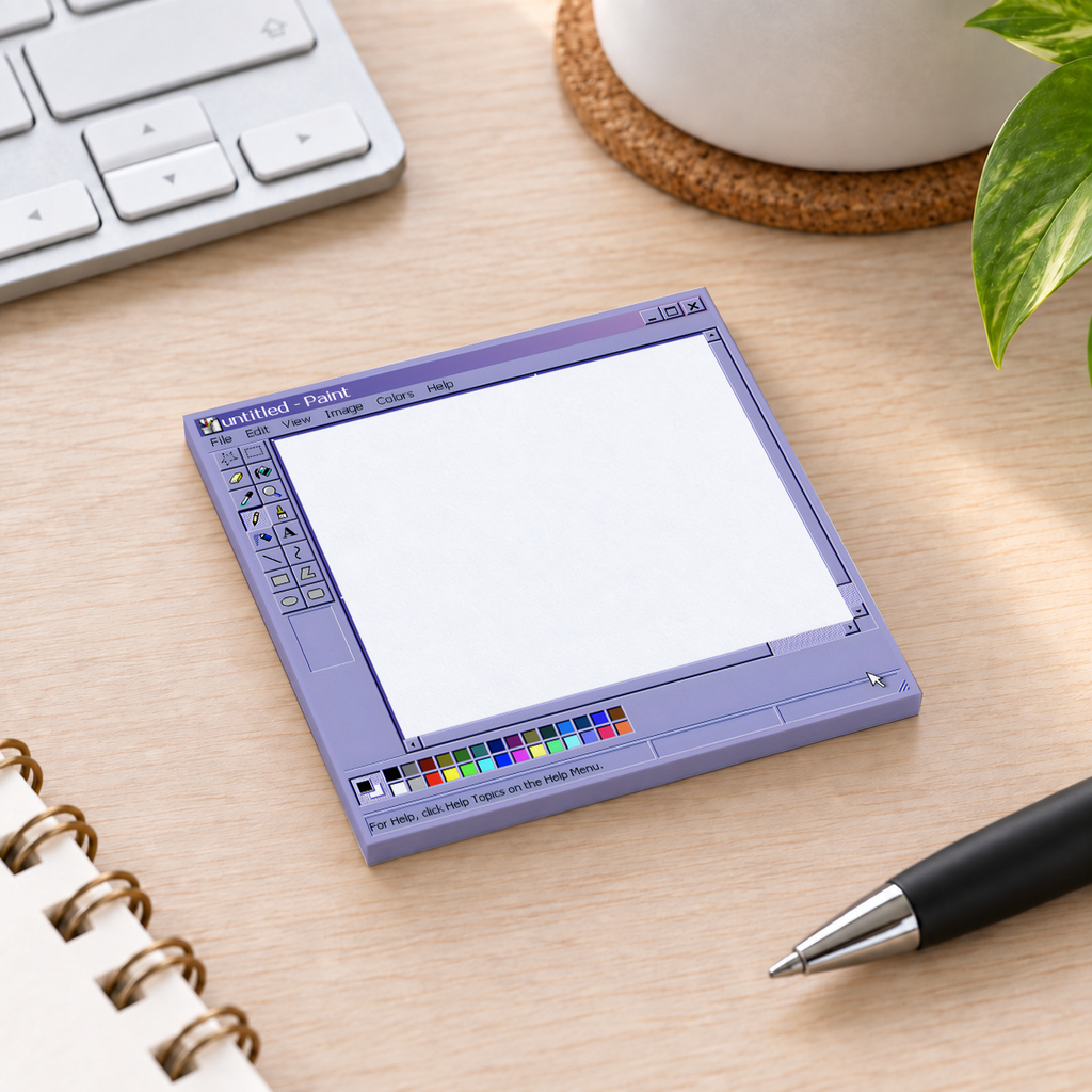 Close-up of Purple Vintage Computer Paint Window sticky note design and writable area